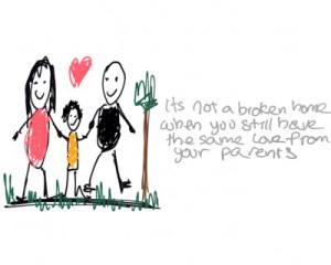 Family portrait drawing by Azkar Corbuzier. Text reads: 'It's not a broken home when you still have the same love from your parents'